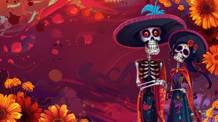 Obraz premium Skeletons in sombrero hats. Day of the Dead or Dia De Los Muertos Mexican holiday characters Katrina, skeletons and mariachi musicians.