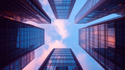A view of skyscrapers from below, showcasing glass facades against a colorful sky.