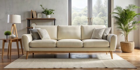 The sofa, with its oversized structure, dominates the room's space, featuring a soft cream-colored fabric and sturdy