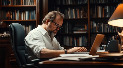 A mature man wearing glasses and a white shirt, deeply focused on his laptop while working in a cozy home office with bookshelves and warm lighting.