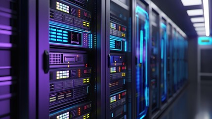 Naklejka premium 3D illustration of data center server room with rackmount LED console. Rows of high-density servers, network equipment, and power supplies line racks. Ethernet cables connect devices in background.
