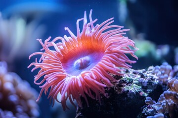 A professional image of a sea anemone in an aquarium setting, with crystal clear water and subtle reflections, showcasing the anemone's beauty and delicacy