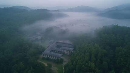Aerial View of Chengdu&rsquo;s Giant Panda Breeding Research Base, Mist-Enveloped for an Ethereal and Serene Atmosphere