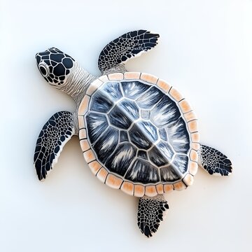 A top view of a turtle with black and white shell against a white background.