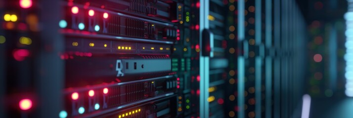 Obraz premium Server rack illuminated by bright LEDs in a dark data center. Close-up of complex network infrastructure with flashing lights, indicating high-speed data flow and processing.