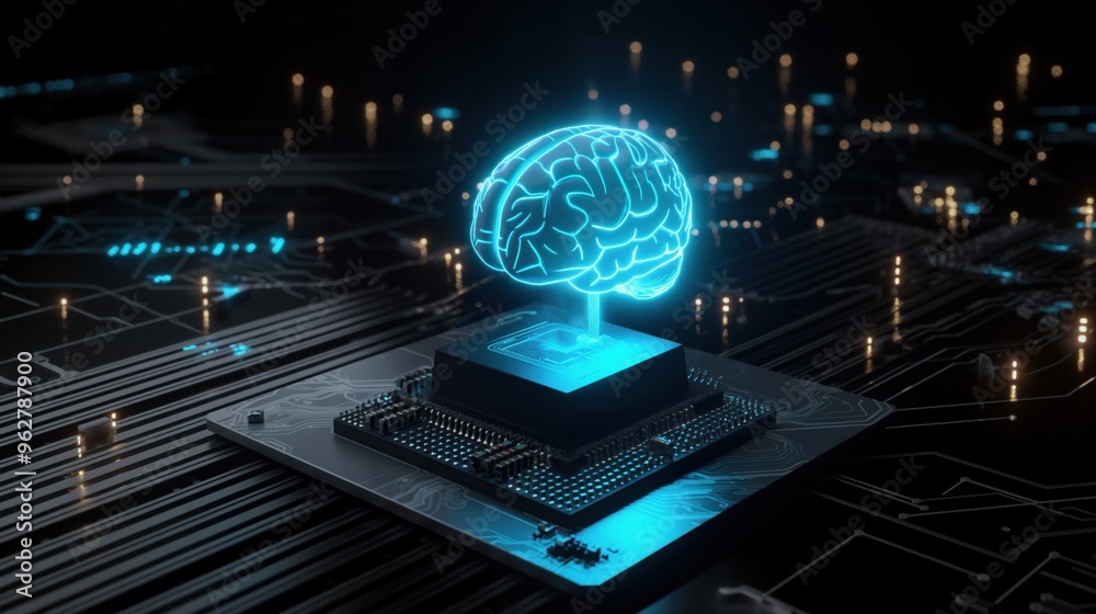 Poster glowing blue brain circuit on microchip on computer motherboard. artificial intelligence hardware co