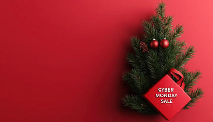 Holiday shopping scene with Cyber Monday discounts, Christmas tree, 3D illustration, with word "CYBER MONDAY SALE"
