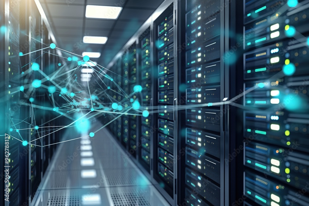 Poster rack-mounted servers in a modern data center room. rows of computer hardware with cables connecting 
