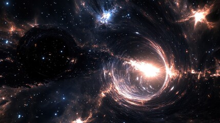 Stunning Visualization of a Black Hole and Wormhole in Deep Space with Cosmic Light and Galactic Phenomena