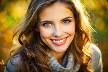 Obraz premium The young woman's face beams with a warm, captivating smile, her charming expression drawing in the viewer with