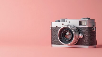 Fototapeta premium A vintage-style camera resting on a pink background, emphasizing photography and design.