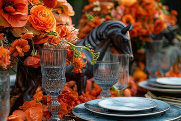 Vibrant outdoor table setting with orange flowers centerpiece, black horse statue, blue plates. Garden park background. Ideal for festive events and parties.