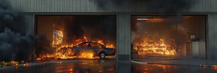 Obraz premium Car engulfed in flames in private garage, urban environment. Vehicle interior consumed by fire, black smoke fills the air. High-resolution photo of burning car, medium shot from outside.