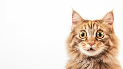 A furry cat with large, shocked eyes gazes curiously against a clean white backdrop, allowing ample space for inspirational quotes or fun messages