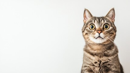Obraz premium A tabby cat with an astonished expression gazes forward, its large eyes conveying shock. The plain white background allows for added text or graphics