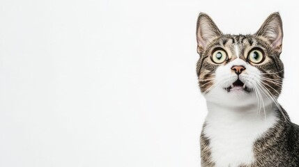Obraz premium This surprised cat displays wide eyes and an open mouth, emphasizing its shock and curiosity against a clean white backdrop perfect for creative text