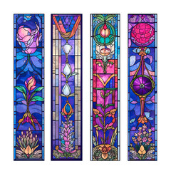 A set of four vertical designs with stained glass windows in shades of purple, blue and gold and a place for text, vintage book bookmarks, a collection of modular paintings.