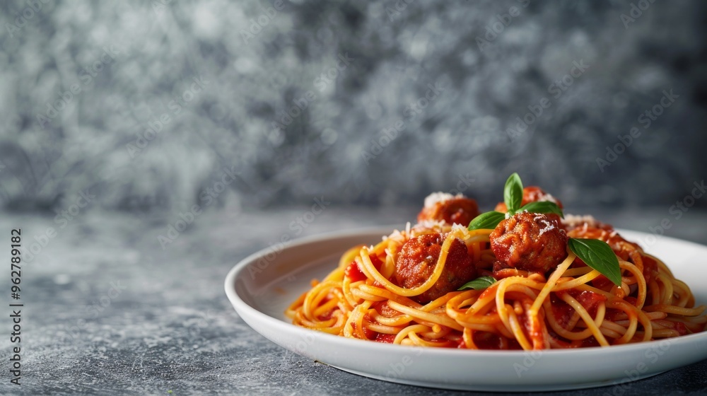 Poster Delicious plate of spaghetti with meatballs and fresh herbs. The vibrant colors and textures invite you to enjoy a warm home-cooked meal. Perfect for food lovers and restaurants. AI