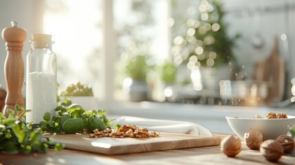 Chef preparing creamy walnut sauce in a cozy kitchen.