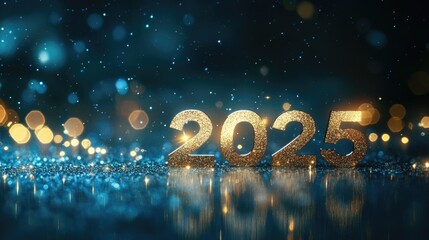 A shimmering inscription of 2025 shines brightly against a dark blue background, decorated with sparkles and enhancing the celebratory atmosphere