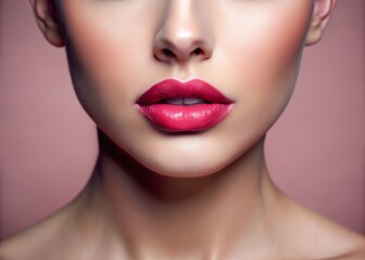 Softly lit, luscious pink lips glisten with subtle sheen, surrounded by gentle, smooth skin, evoking a sense of