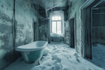 Dilapidated bathroom scene with peeling paint, boarded-up windows covered in snow. Central focus green bathtub surrounded by layer of snow on floor. Wooden door slightly ajar to left, partially