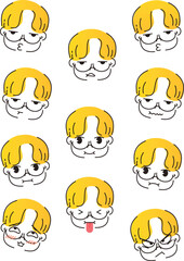 set of cartoon faces haired blonde boy chibi style