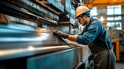 A worker operates machinery to shape metal in an industrial setting.