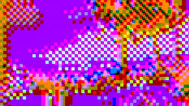 Abstract pixel retro 8bit neon rgb purple orange neon video game glitch noise texture, square animated retro video game pixelated background, looped vj pattern psychedelic 80s, 90s, 2000s texture