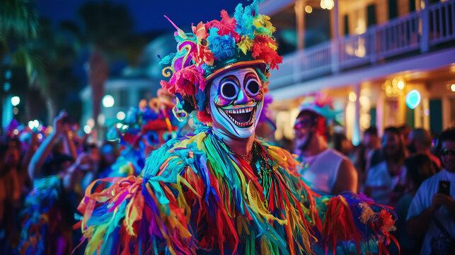 Fantasy Fest in Key West, colorful parade with participants wearing unique and bold fantasy costumes, night atmosphere with neon lights illuminating the streets, large crowd cheering and taking pictur