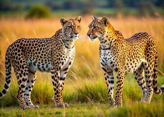 Obraz premium Two large spotted cats lock eyes, their tails twitching ominously, as they stand confronting each other in the
