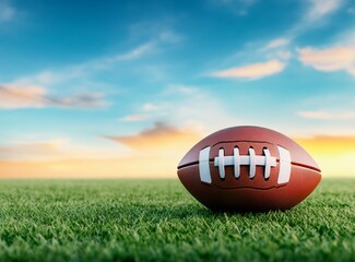 American Football on the Grass Field with Sunset Sky Background, Space for Text and Title Design