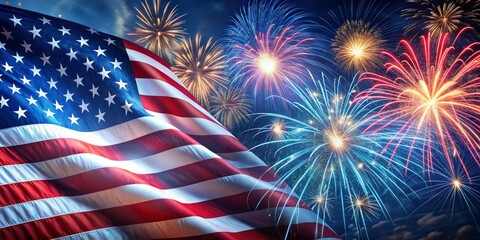 Obraz premium American Flag Waving with Fireworks in the Night Sky, Fourth of July, Independence Day, Patriotism