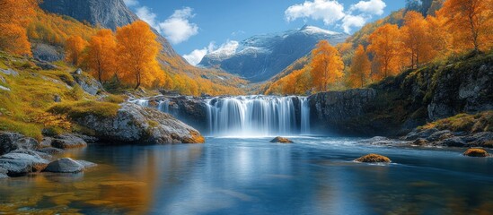 Majestic Waterfall in Autumn Landscape