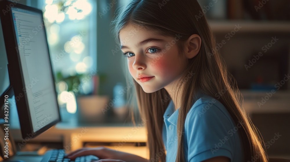 Sticker A young girl focused on her computer, illuminated by soft light in a cozy environment.