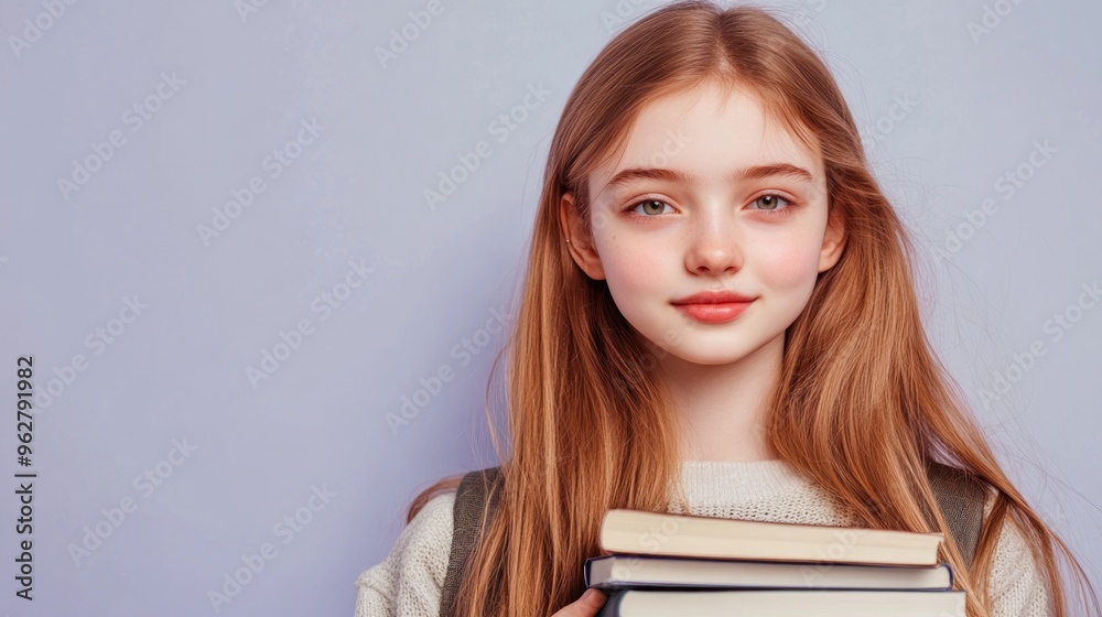 Poster A young girl holding books, smiling against a pastel background.