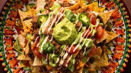 Sumptuous plate of vegetarian nachos loaded with fresh guacamole, jalapenos, tomatoes, melted cheese, and drizzled with sauces, served in a colorful Mexican-themed ceramic bowl