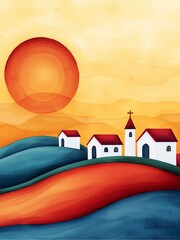 Begin Again with Watercolors: Sunset over rolling hills with white houses and red roofs.