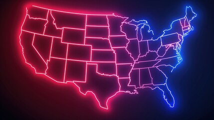 Neon-lit map of the United States symbolizing America divided politics. Red and blue colors represent contrasting parties, highlighting country geographical boundaries and partisan divisions.
