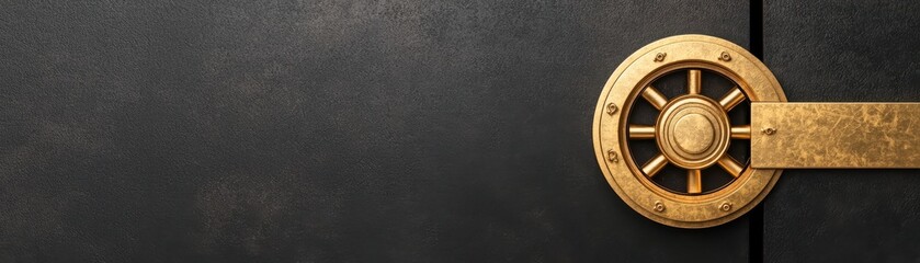 vintage vault door with an ornate golden wheel and dark metallic surface, symbolizing security and strength.