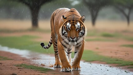 Fototapeta premium Experience the powerful beauty of nature with this stunning 8K high-resolution photograph featuring a majestic tiger walking through a gentle rain shower on the savannah.