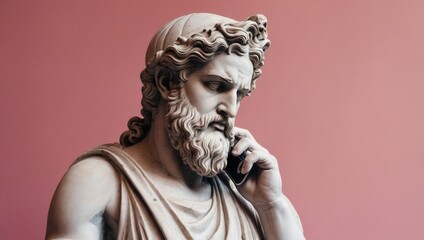 A statue of a bearded man talking over a smartphone