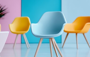 Blurred office interior with colorful art on the walls and tables