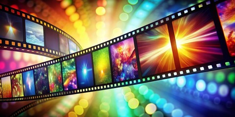 Obraz premium Film Strip with Colorful Frames and Bokeh Lights, Film , Bokeh , Cinematic