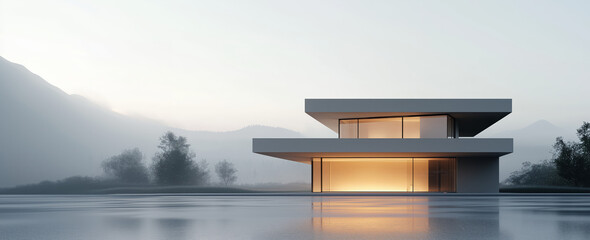 Modern architectural of a minimalism house by a reflective lake at dawn amidst misty mountains, japanese design, gray and foggy atmosphere contrasts with the warm light of the windows of the house