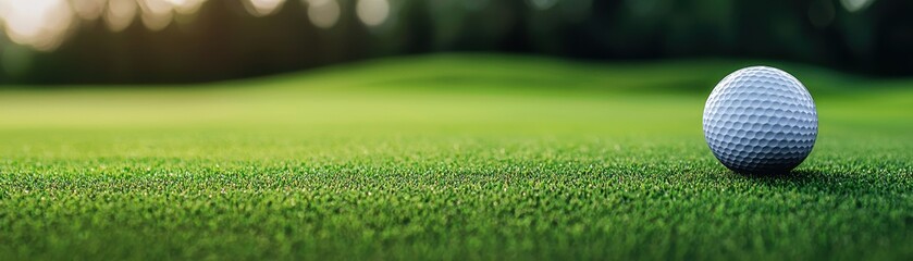 golf ball resting on lush green grass, illuminated by soft sunlight, perfect for sport-related themes.