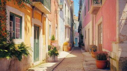 Naklejka premium A narrow Portuguese street with brightly colored houses, decorated with potted flowers, adding a cozy and romantic atmosphere