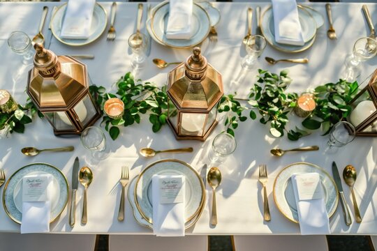 Formal dinner table setting with gold lantern centerpiece, white plates, gold cutlery, candles and flowers. Elegant outdoor banquet scene with minimal greenery decorations.
