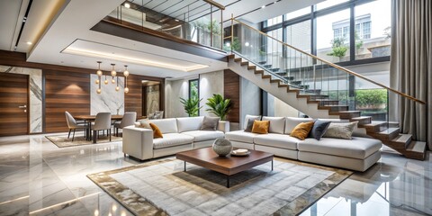 Obraz premium Modern Living Room with White Sofa and Glass Staircase, Interior Design, Luxury Home, Modern Architecture, Open Plan Living
