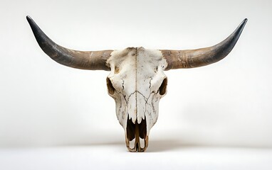Majestic Cow Skull with Large Horns on White Background in Frontal View